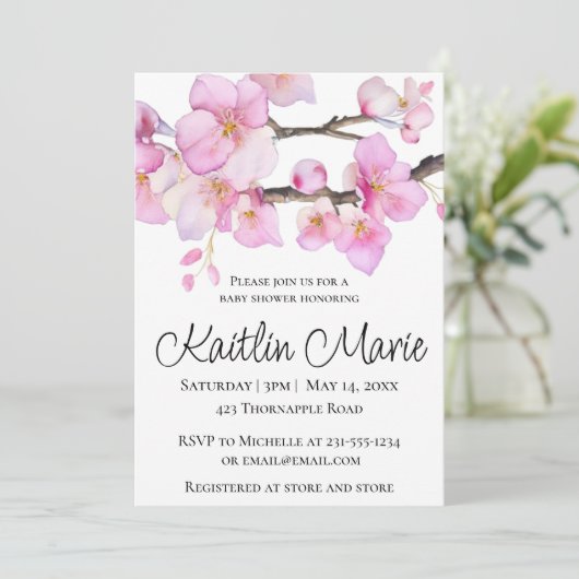 美しいピンクのさくらんぼ花の書道台本 招待状 (スタンド正面)