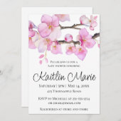 美しいピンクのさくらんぼ花の書道台本 招待状 (正面/裏面)