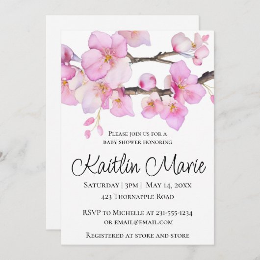 美しいピンクのさくらんぼ花の書道台本 招待状 (正面/裏面)