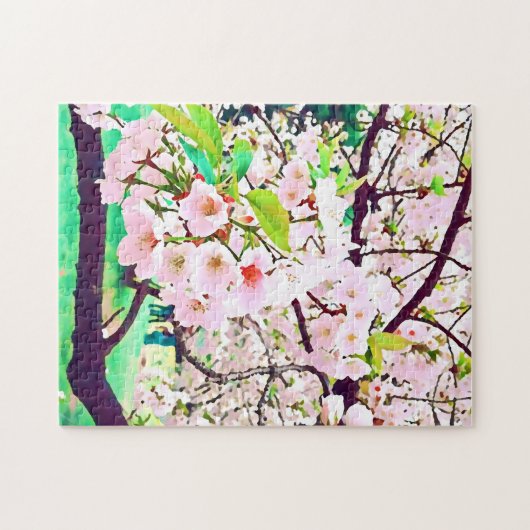 美しいピンクのさくらんぼ花日本の旅行 ジグソーパズル (横)