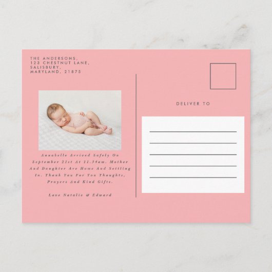 美しいピンクのガーリーフローラ植物台本の写真 案内ポストカード (裏面)