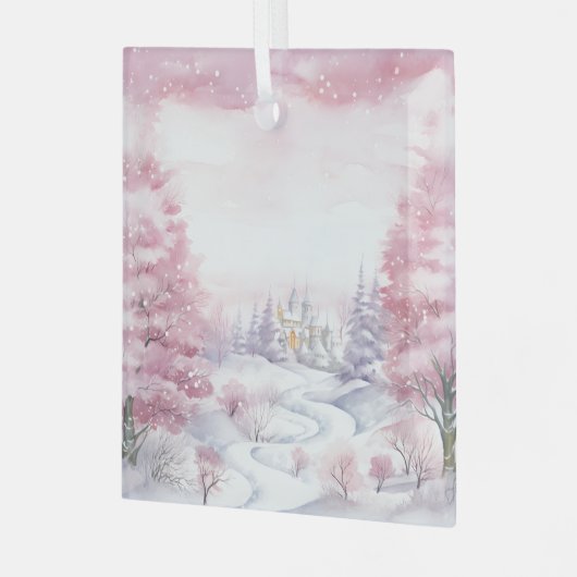 美しいピンクのクリスマスの風景 ガラスオーナメント (正面左)