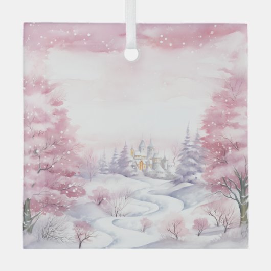 美しいピンクのクリスマスの風景 ガラスオーナメント (正面)