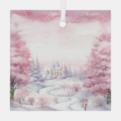 美しいピンクのクリスマスの風景 ガラスオーナメント (裏面)