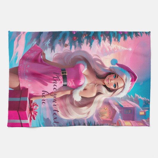 美しいピンクのクリスマスガール01 キッチンタオル (横)