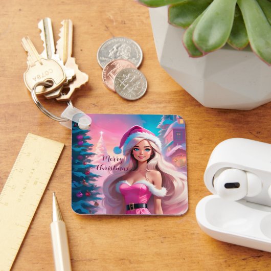 美しいピンクのクリスマスガール01 キーホルダー (デスク)