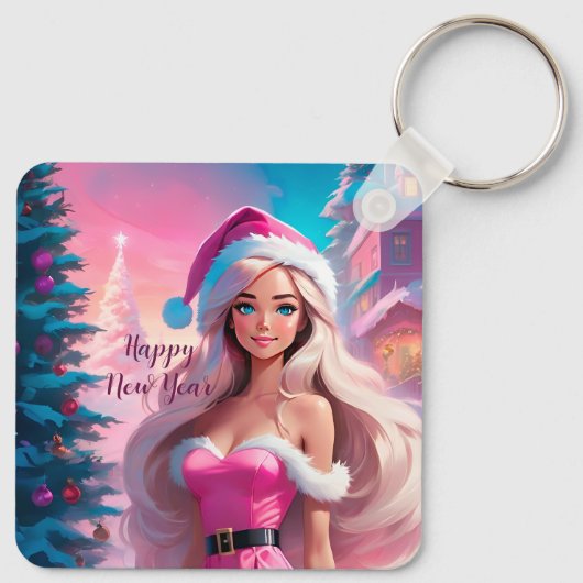 美しいピンクのクリスマスガール01 キーホルダー (裏面)