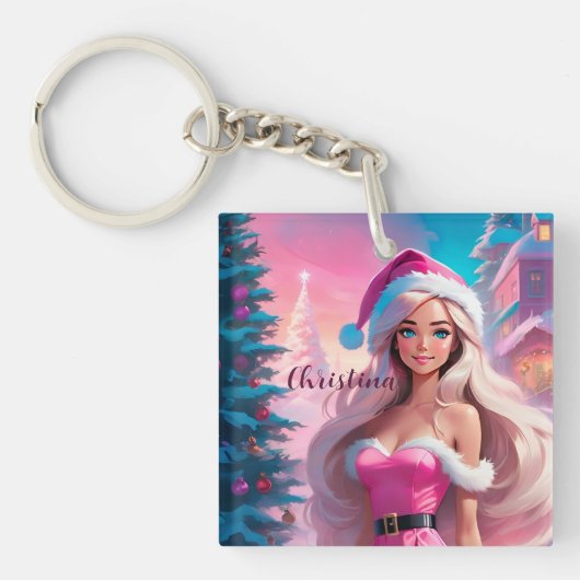 美しいピンクのクリスマスガール01 キーホルダー (正面)