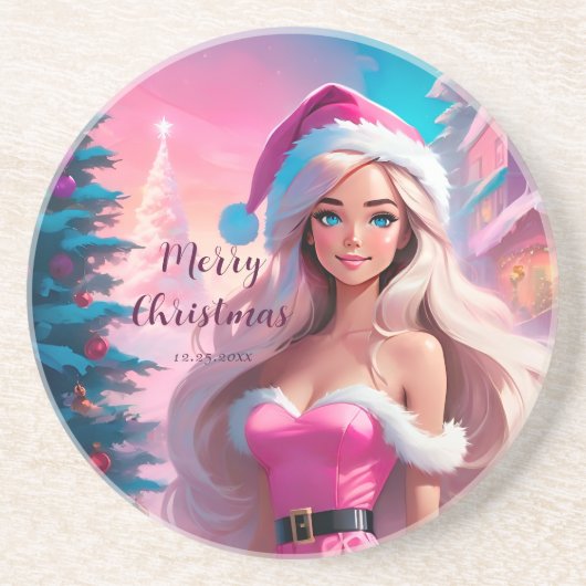 美しいピンクのクリスマスガール01 コースター (正面)