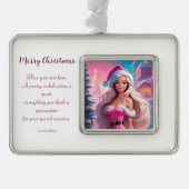 美しいピンクのクリスマスガール01 シルバープレートフレームオーナメント (正面)