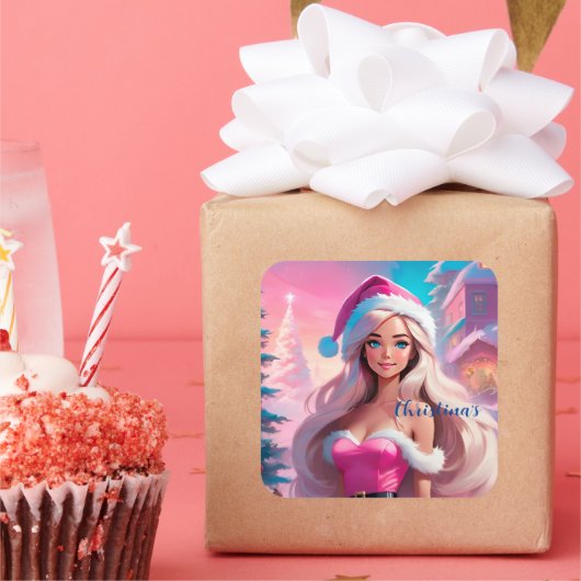 美しいピンクのクリスマスガール01 スクエアシール (パーティー)