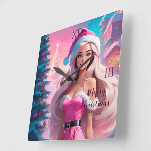 美しいピンクのクリスマスガール01 スクエア壁時計 (傾斜)