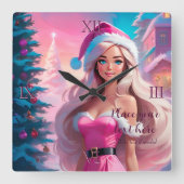 美しいピンクのクリスマスガール01 スクエア壁時計 (正面)