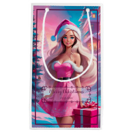 美しいピンクのクリスマスガール01 スモールペーパーバッグ