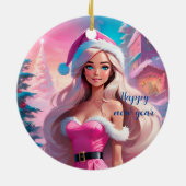 美しいピンクのクリスマスガール01 セラミックオーナメント (裏面)