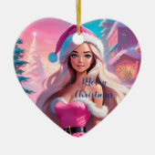 美しいピンクのクリスマスガール01 セラミックオーナメント (正面)