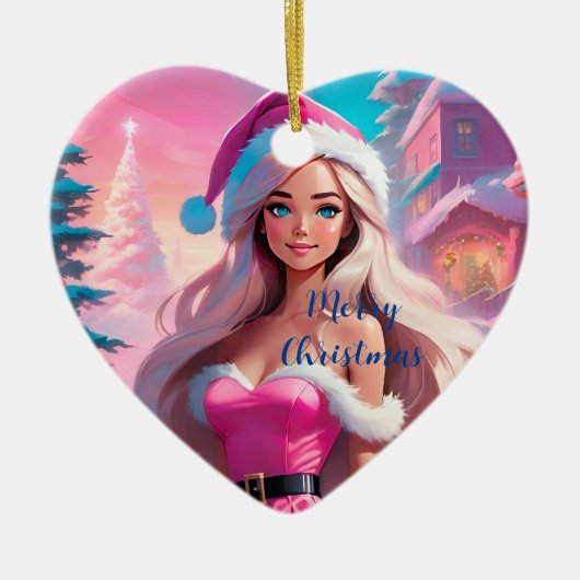 美しいピンクのクリスマスガール01 セラミックオーナメント (正面)