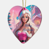 美しいピンクのクリスマスガール01 セラミックオーナメント (左)