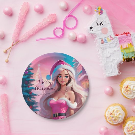 美しいピンクのクリスマスガール01 ペーパープレート (パーティー)