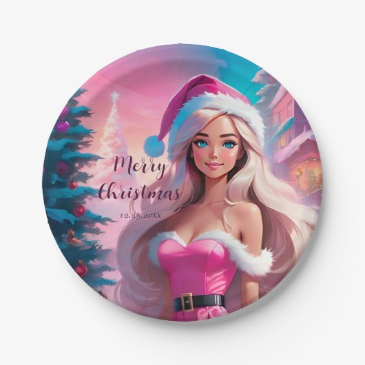 美しいピンクのクリスマスガール01 ペーパープレート (正面)