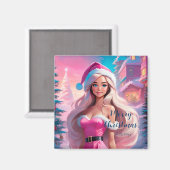 美しいピンクのクリスマスガール01 マグネット (正面/裏面)