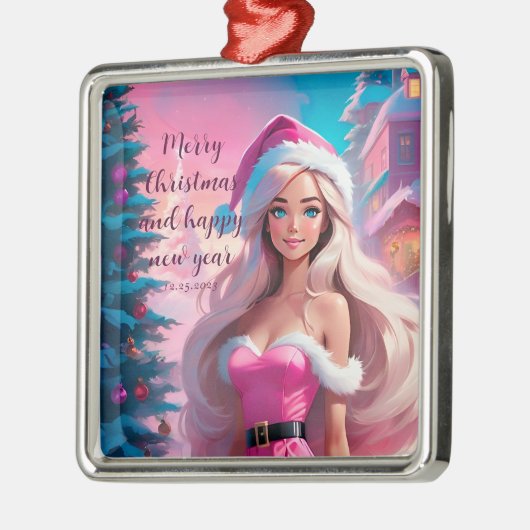美しいピンクのクリスマスガール01 メタルオーナメント (左)