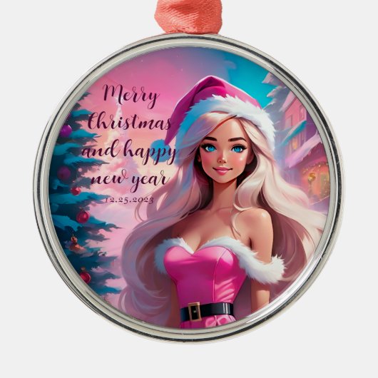 美しいピンクのクリスマスガール01 メタルオーナメント (正面)
