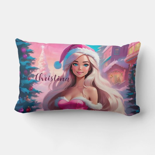 美しいピンクのクリスマスガール01 ランバークッション (裏面)