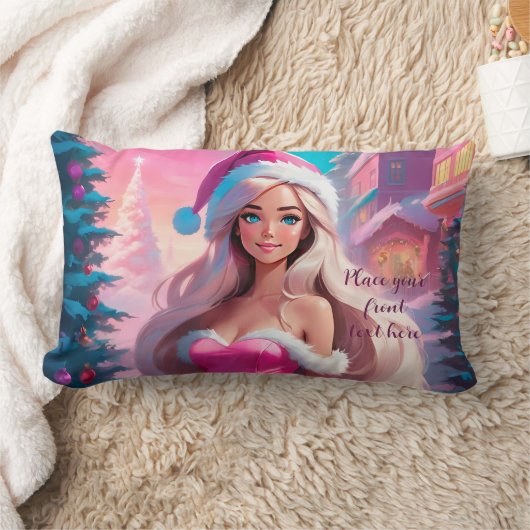 美しいピンクのクリスマスガール01 ランバークッション (ブランケット)