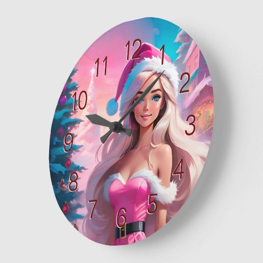 美しいピンクのクリスマスガール01 ラージ壁時計 (傾斜)