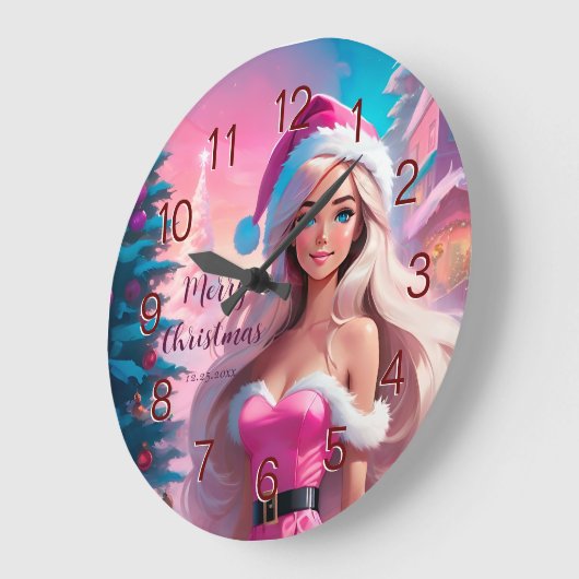 美しいピンクのクリスマスガール01 ラージ壁時計 (傾斜)