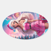 美しいピンクのクリスマスガール01 楕円形シール (正面)