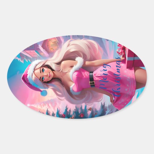 美しいピンクのクリスマスガール01 楕円形シール (正面)