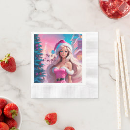 美しいピンクのクリスマスガール01 縁ありカクテルナプキン