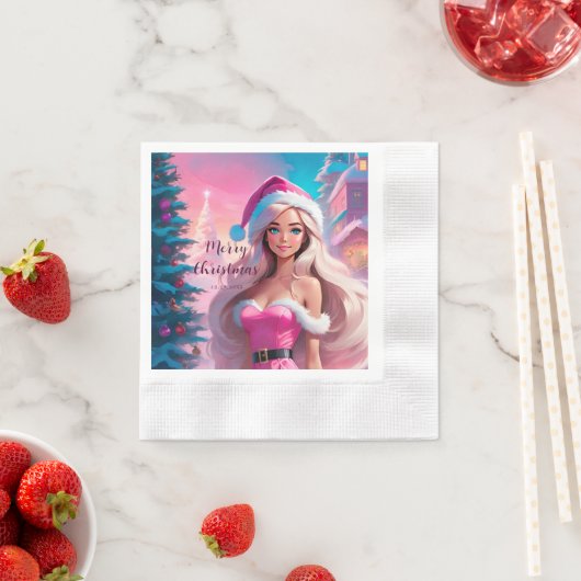 美しいピンクのクリスマスガール01 縁ありカクテルナプキン (インサイチュ)