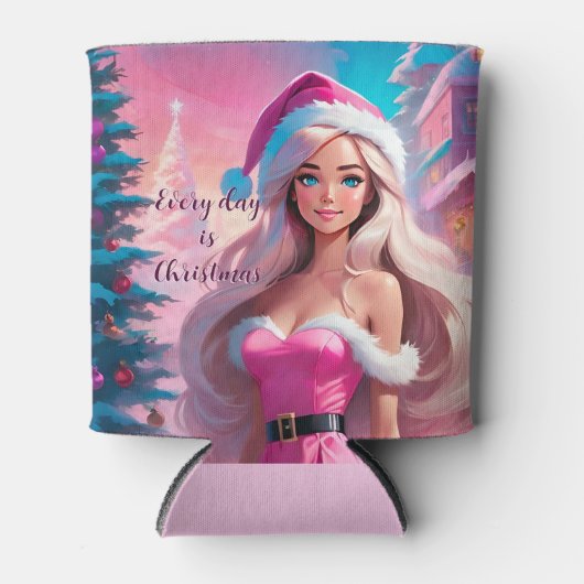 美しいピンクのクリスマスガール01 缶クーラー (正面)