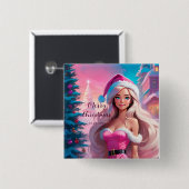 美しいピンクのクリスマスガール01 缶バッジ (正面&裏面)