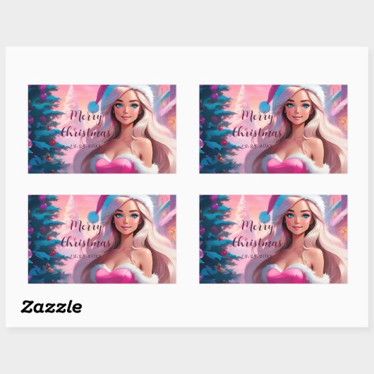 美しいピンクのクリスマスガール01 長方形シール (シート)