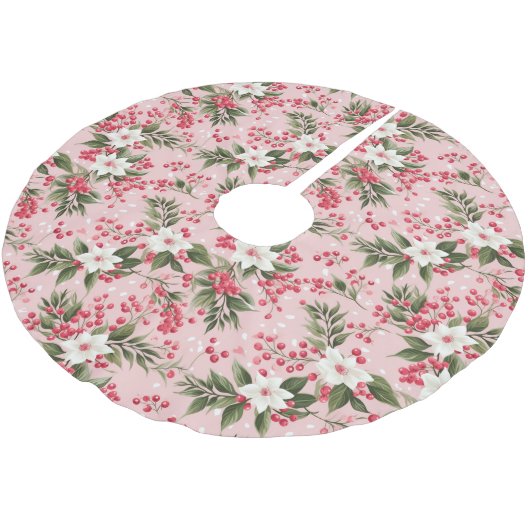 美しいピンクのクリスマスフローラとベリー ブラッシュドポリエステルツリースカート (アングル)