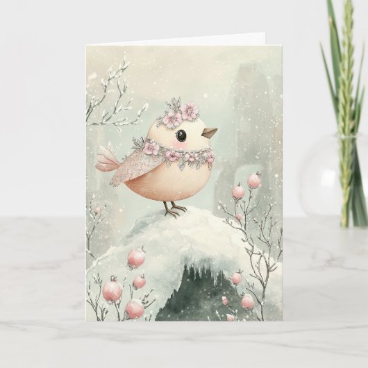 美しいピンクのクリスマス空白のバード サンキューカード (正面)