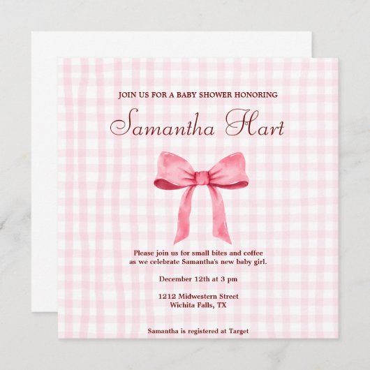 美しいピンクのシンプルなギンガムピンクボウ赤ちゃんシャワー 招待状 (正面/裏面)