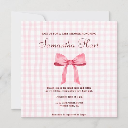美しいピンクのシンプルなギンガムピンクボウ赤ちゃんシャワー 招待状 (正面)
