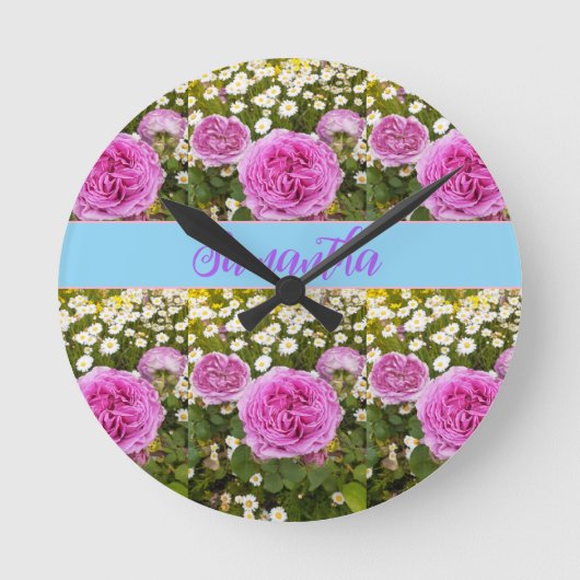 美しいピンクのバラとデイジーフローラ ラウンド壁時計 (正面)
