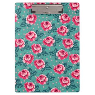 美しいピンクのバラと水玉模様のターコイズ クリップボード
