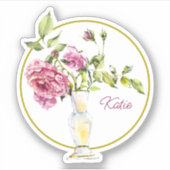 美しいピンクのバラと花瓶 シール (正面)