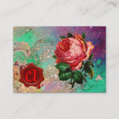 美しいピンクのバラと赤いワックスシールの金ゴールドきらめき 名刺 (裏面)