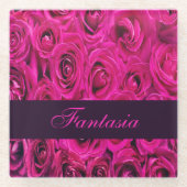 美しいピンクのバラのモノグラム ガラスコースター (正面)