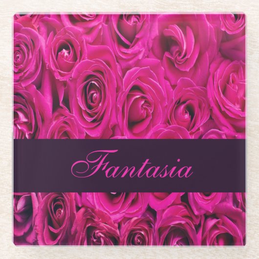 美しいピンクのバラのモノグラム ガラスコースター (正面)