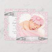 美しいピンクのバラの洗礼 招待状 (正面/裏面)