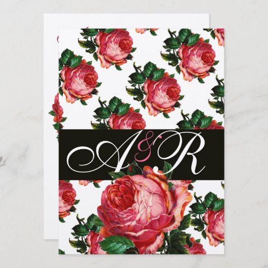 美しいピンクのバラの花のイニシャル 招待状 (正面/裏面)